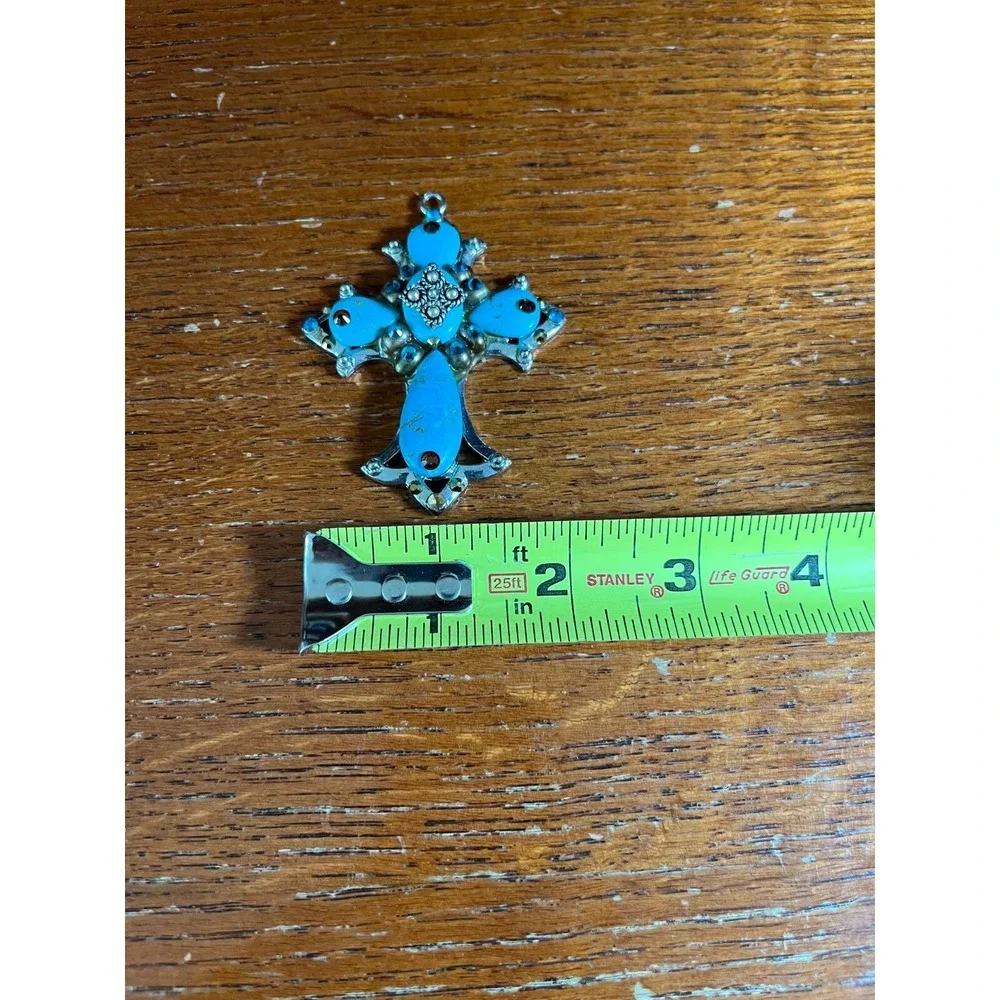 Vintage Turquoise Blue Silver Tone Cross Pendant Boho Crucifix 2.5
